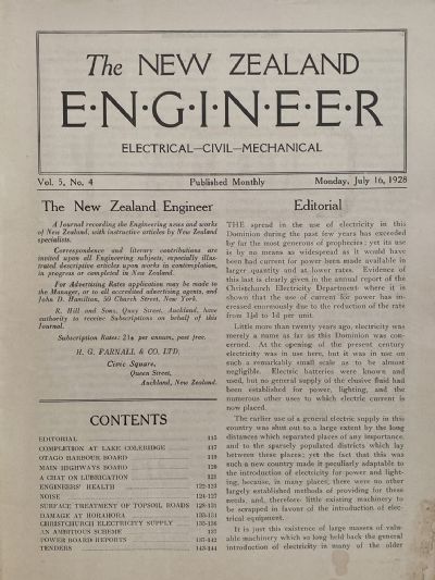 OLD MAGAZINE: The New Zealand Engineer Vol. 5, No. 4 - 16 July 1928