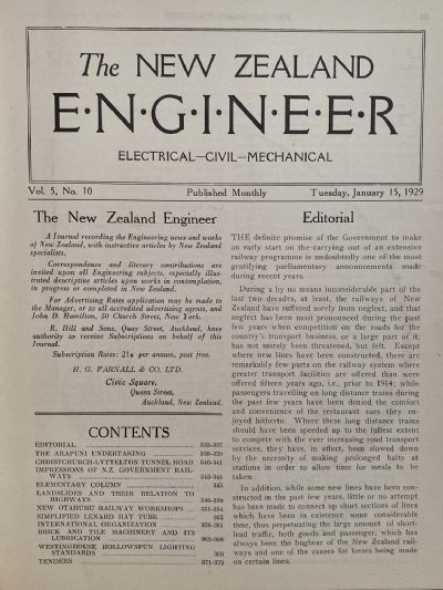 OLD MAGAZINE: The New Zealand Engineer Vol. 5, No. 10 - 15 January 1929