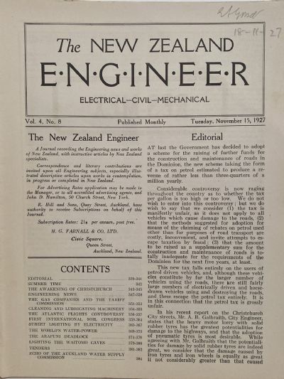OLD MAGAZINE: The New Zealand Engineer Vol. 4, No. 8 - 15 November 1927