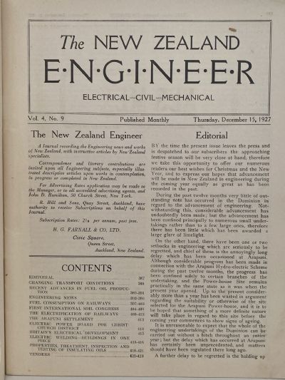 OLD MAGAZINE: The New Zealand Engineer Vol. 4, No. 9 - 15 December 1927