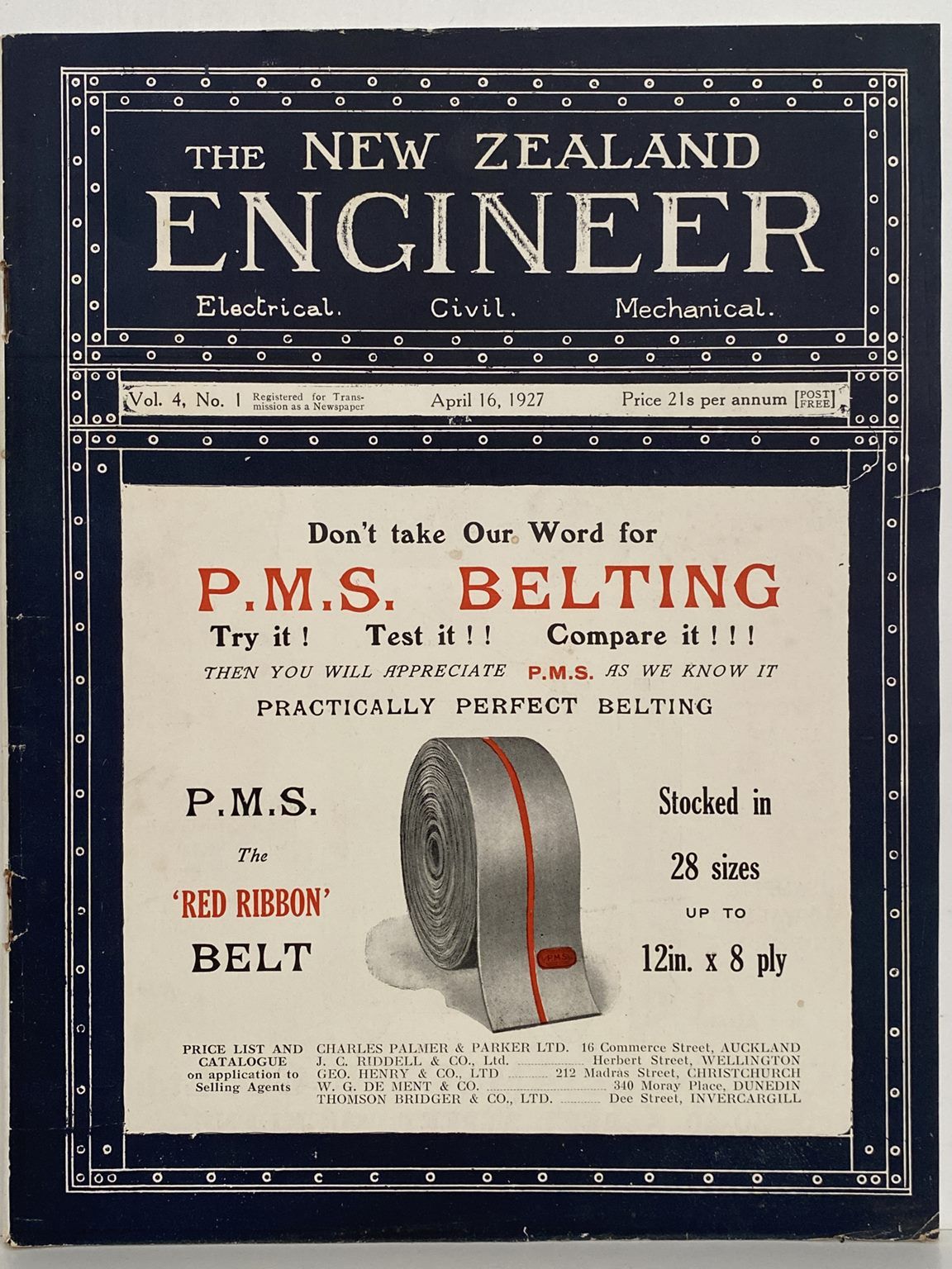 OLD MAGAZINE: The New Zealand Engineer Vol. 4, No. 1 - 16 April 1927