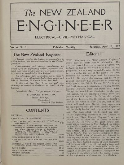 OLD MAGAZINE: The New Zealand Engineer Vol. 4, No. 1 - 16 April 1927