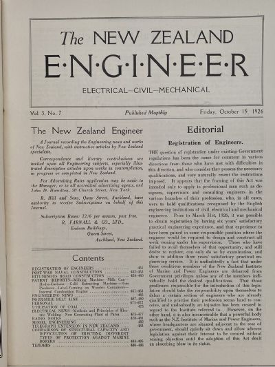 OLD MAGAZINE: The New Zealand Engineer Vol. 3, No. 7 - 15 October 1926