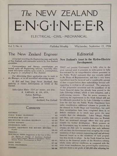 OLD MAGAZINE: The New Zealand Engineer Vol. 3, No. 6 - 15 September 1926