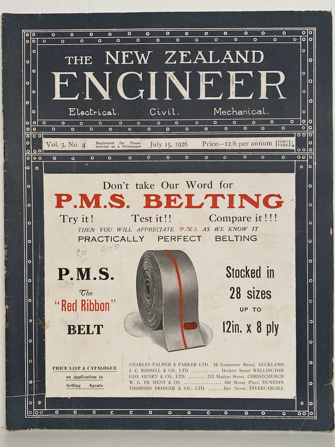 OLD MAGAZINE: The New Zealand Engineer Vol. 3, No. 4 - 15 July 1926