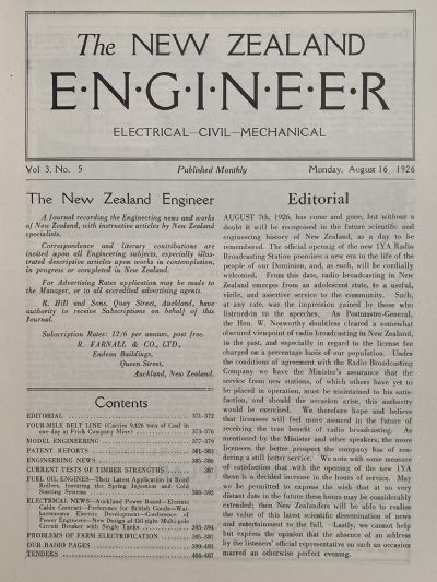 OLD MAGAZINE: The New Zealand Engineer Vol. 3, No. 5 - 16 August 1926