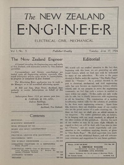 OLD MAGAZINE: The New Zealand Engineer Vol. 3, No. 3 - 15 June 1926