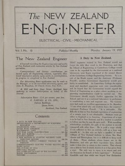 OLD MAGAZINE: The New Zealand Engineer Vol. 3, No. 10 - 15 January 1927