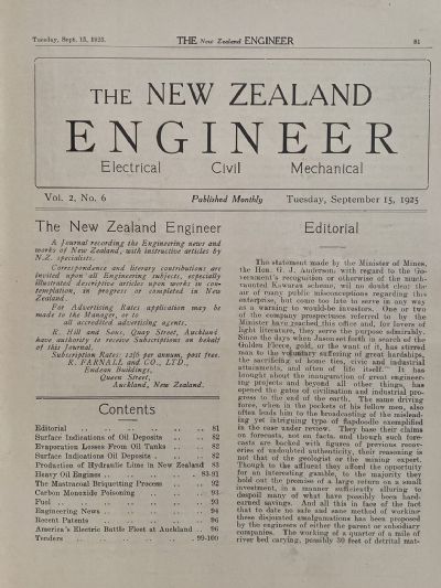 OLD MAGAZINE: The New Zealand Engineer Vol. 2, No. 6 - 15 September 1925