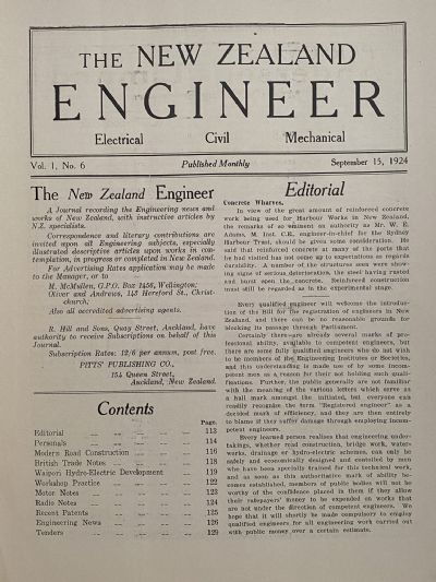 OLD MAGAZINE: The New Zealand Engineer Vol. 1, No. 6 - 15 September 1924