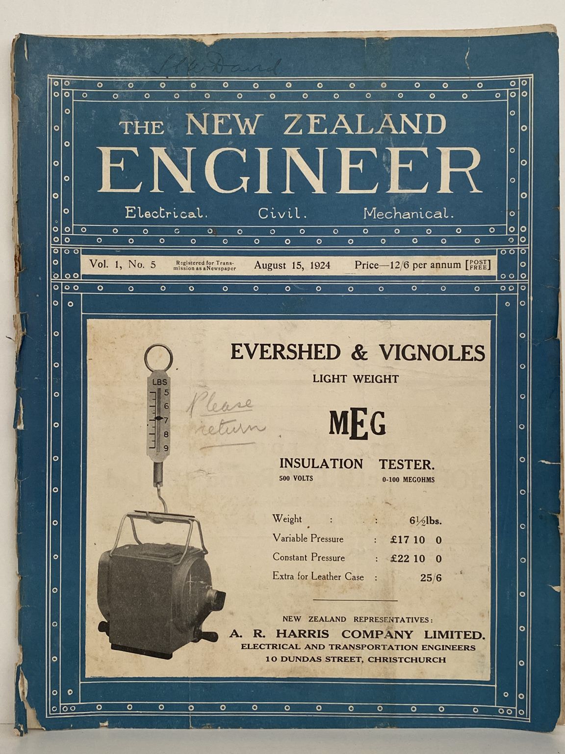OLD MAGAZINE: The New Zealand Engineer Vol. 1, No. 5 - 15 August 1924