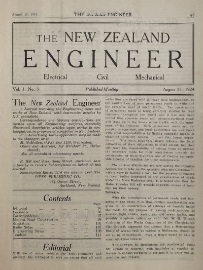 OLD MAGAZINE: The New Zealand Engineer Vol. 1, No. 5 - 15 August 1924