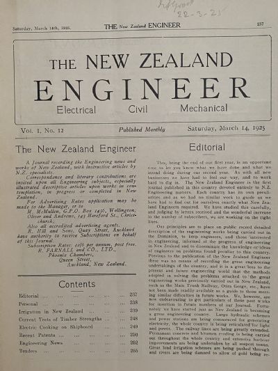 OLD MAGAZINE: The New Zealand Engineer Vol. 1, No. 12 - 15 March 1925