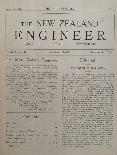 OLD MAGAZINE: The New Zealand Engineer Vol. 1, No. 10 - 15 January 1925