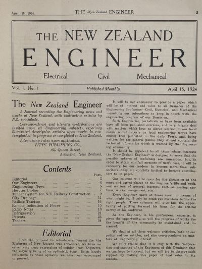 OLD MAGAZINE: The New Zealand Engineer Vol. 1, No. 1 - 15 April 1924