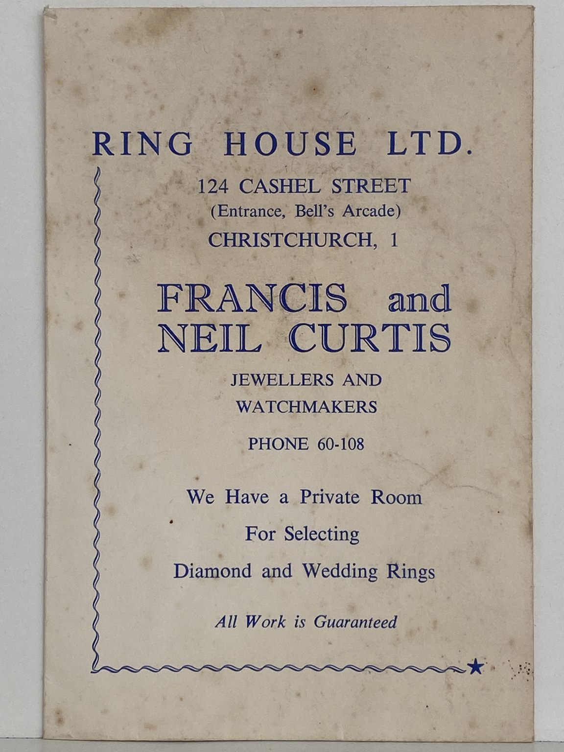 OLD JEWELLERS WALLET: Ring House, Francis & Neil Curtis, Christchurch