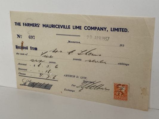 OLD INVOICE / RECEIPT: The Farmers Mauriceville Lime Company, Masterton 1937