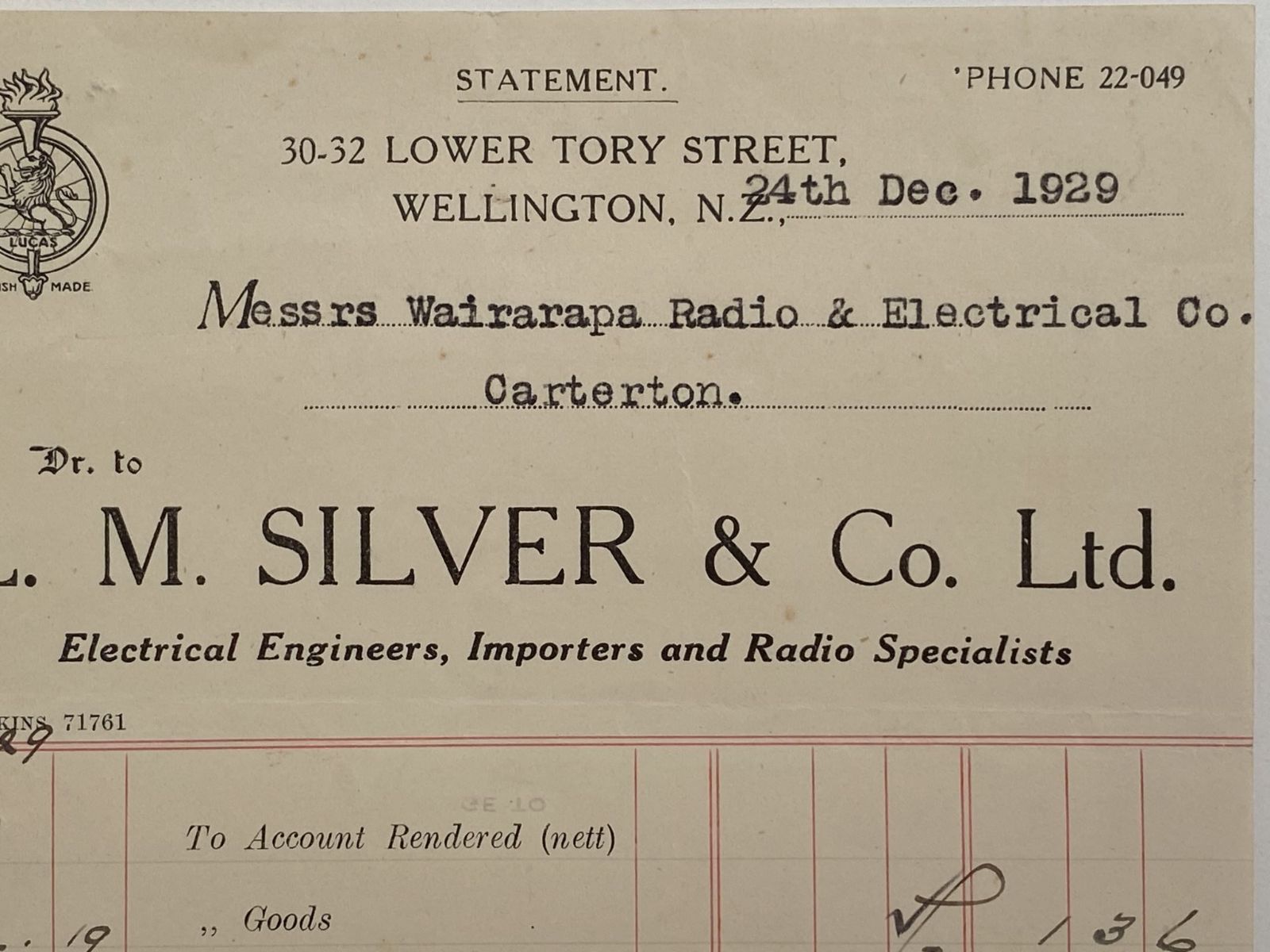 OLD INVOICE / RECEIPT: L. M. Silver & Co. Ltd. 1929
