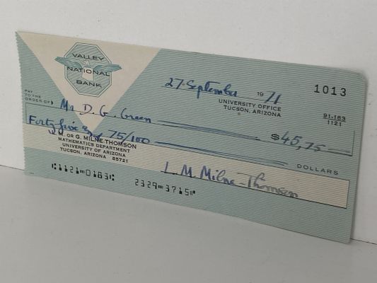 OLD BANKING MEMORABILIA: Bank cheque from Valley National Bank, Arizona 1971