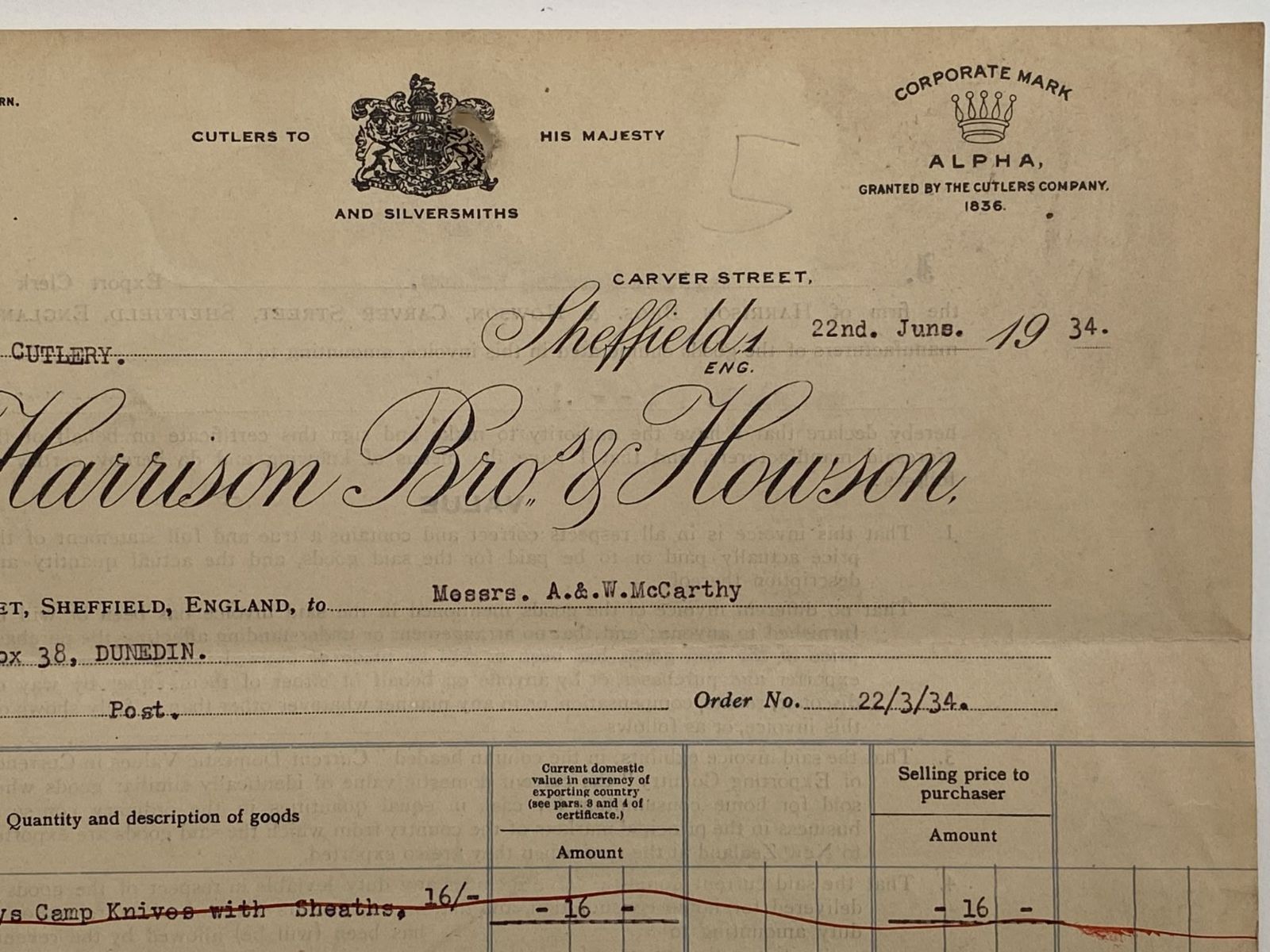 OLD INVOICE / RECEIPT: Harrision Bros. & Howson - Silversmiths 1934