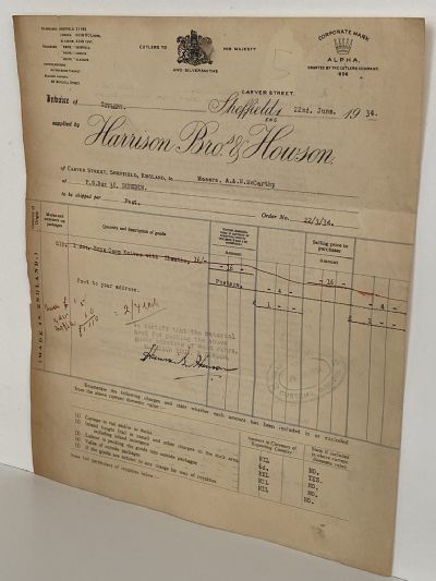 OLD INVOICE / RECEIPT: Harrision Bros. & Howson - Silversmiths 1934