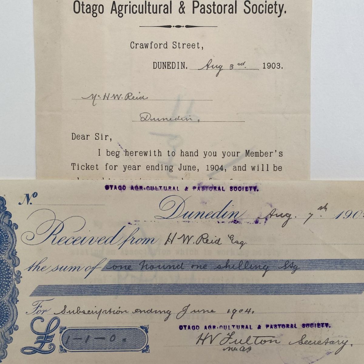 ANTIQUE LETTER / RECEIPT: Otago Agricultural & Pastoral Society 1903