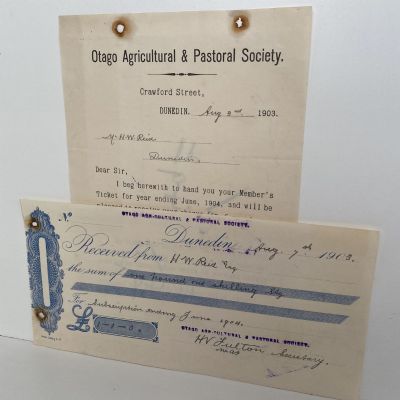 ANTIQUE LETTER / RECEIPT: Otago Agricultural & Pastoral Society 1903