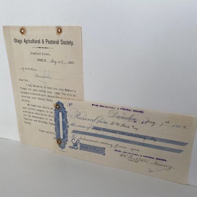 ANTIQUE LETTER / RECEIPT: Otago Agricultural & Pastoral Society 1903
