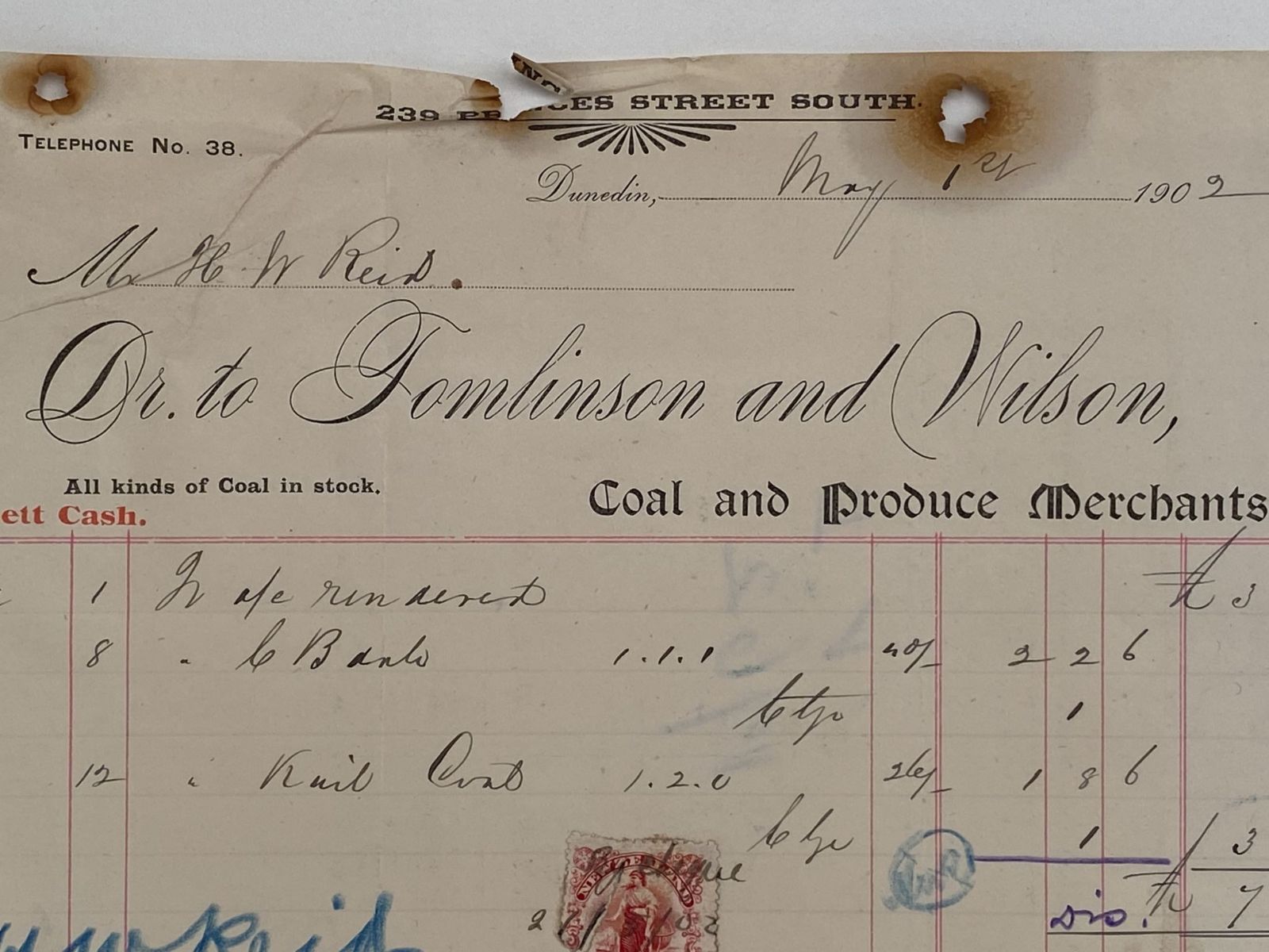 ANTIQUE INVOICE / RECEIPT: Tomlinson and Wilson - Coal Merchants 1902
