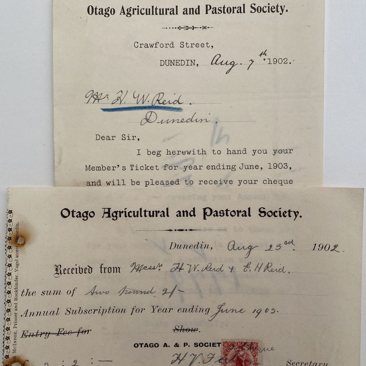 ANTIQUE LETTER / RECEIPT: Otago Agricultural & Pastoral Society 1902
