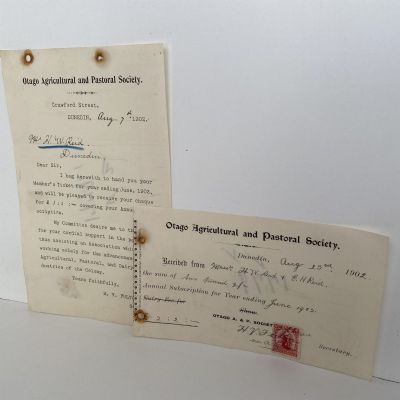 ANTIQUE LETTER / RECEIPT: Otago Agricultural & Pastoral Society 1902