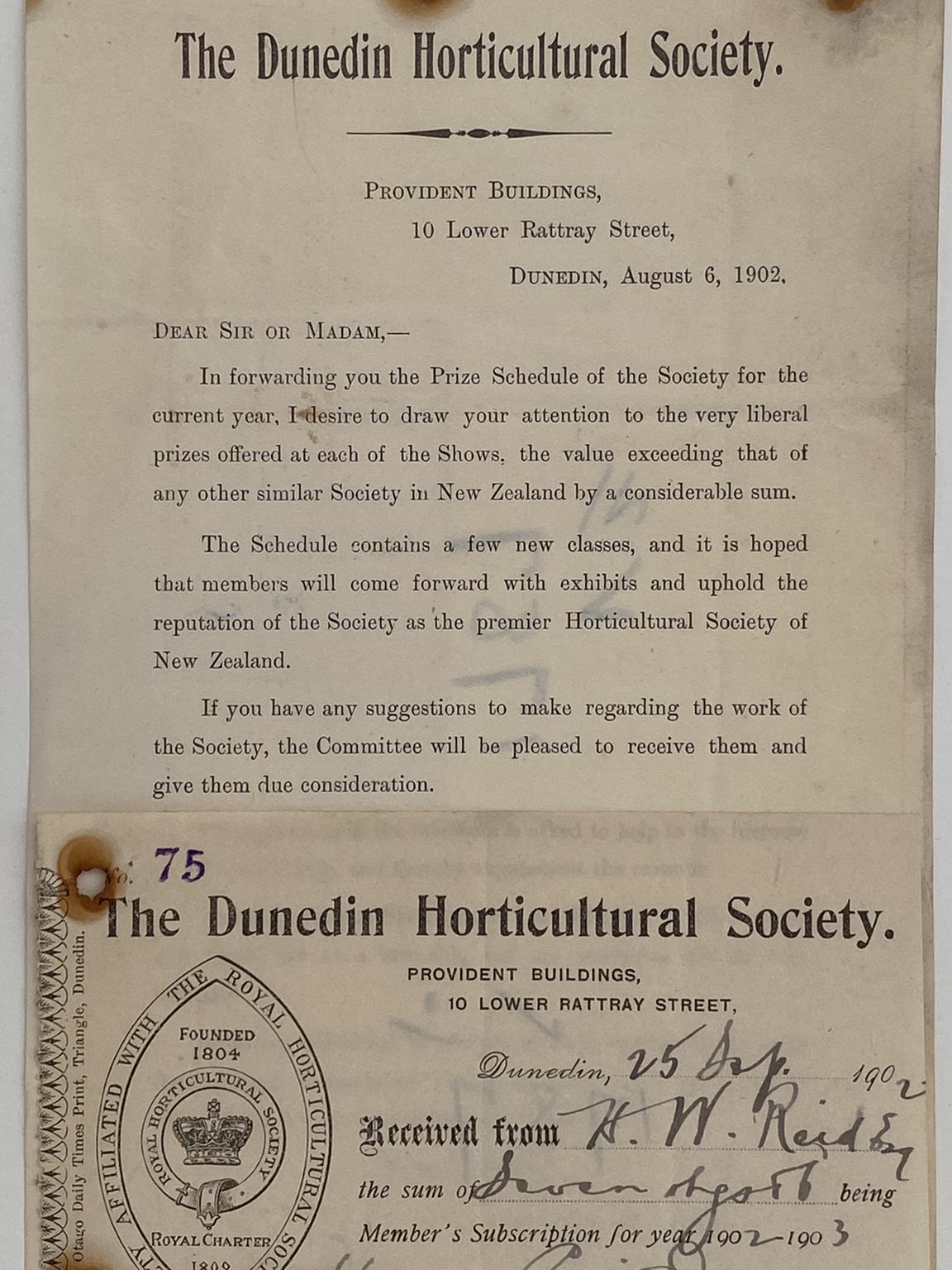 ANTIQUE INVOICE / RECEIPT: The Dunedin Horticultural Society 1902