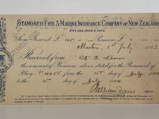 ANTIQUE INVOICE / RECEIPT: Standard Fire & Marine Insurance Co 1903
