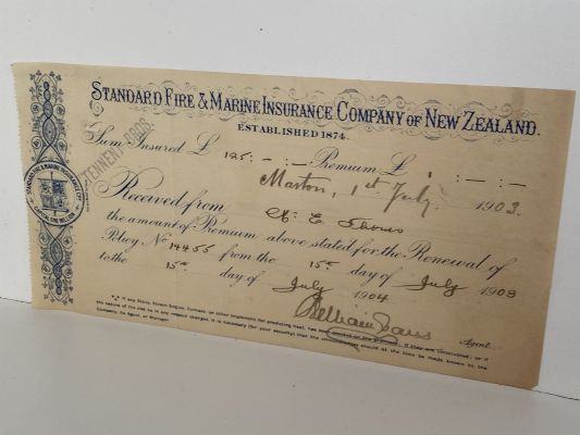 ANTIQUE INVOICE / RECEIPT: Standard Fire & Marine Insurance Co 1903