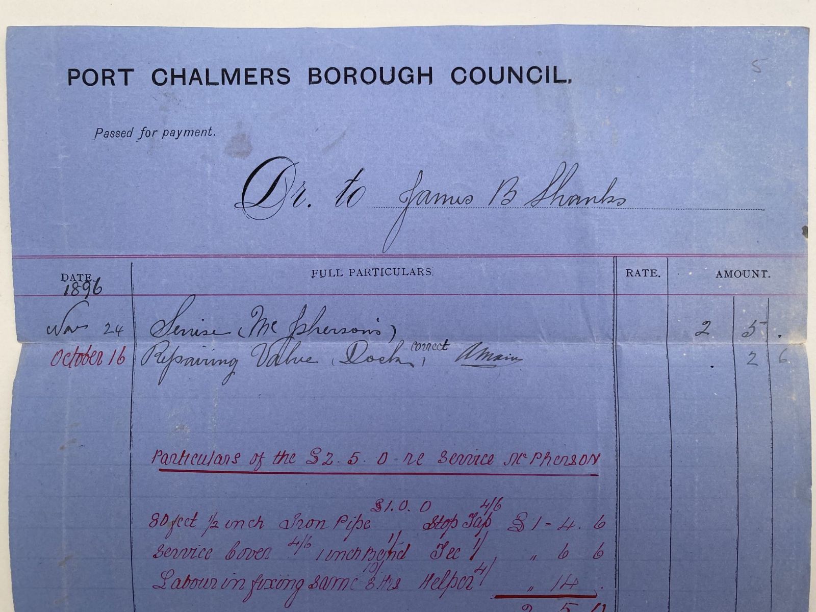 ANTIQUE INVOICE / RECEIPT: Port Chalmers Borough Council 1896