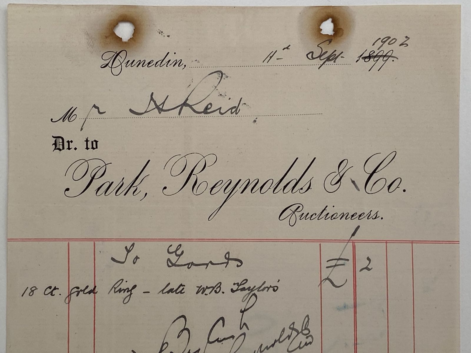 ANTIQUE INVOICE / RECEIPT: Park, Reynolds & Co. Auctioneers 1902