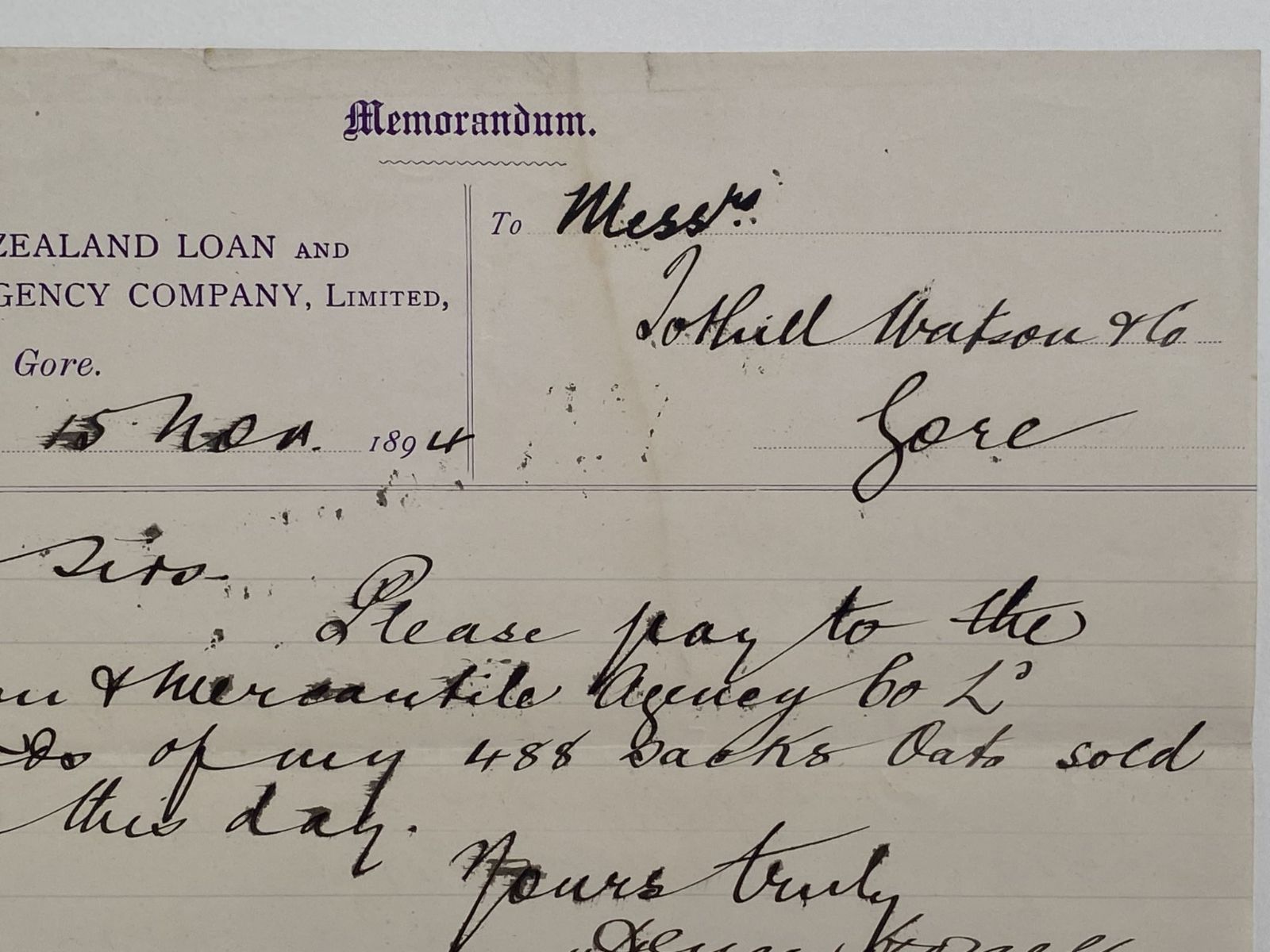 ANTIQUE INVOICE / RECEIPT: NZ Loan and Mercantile Agency Co. 1894
