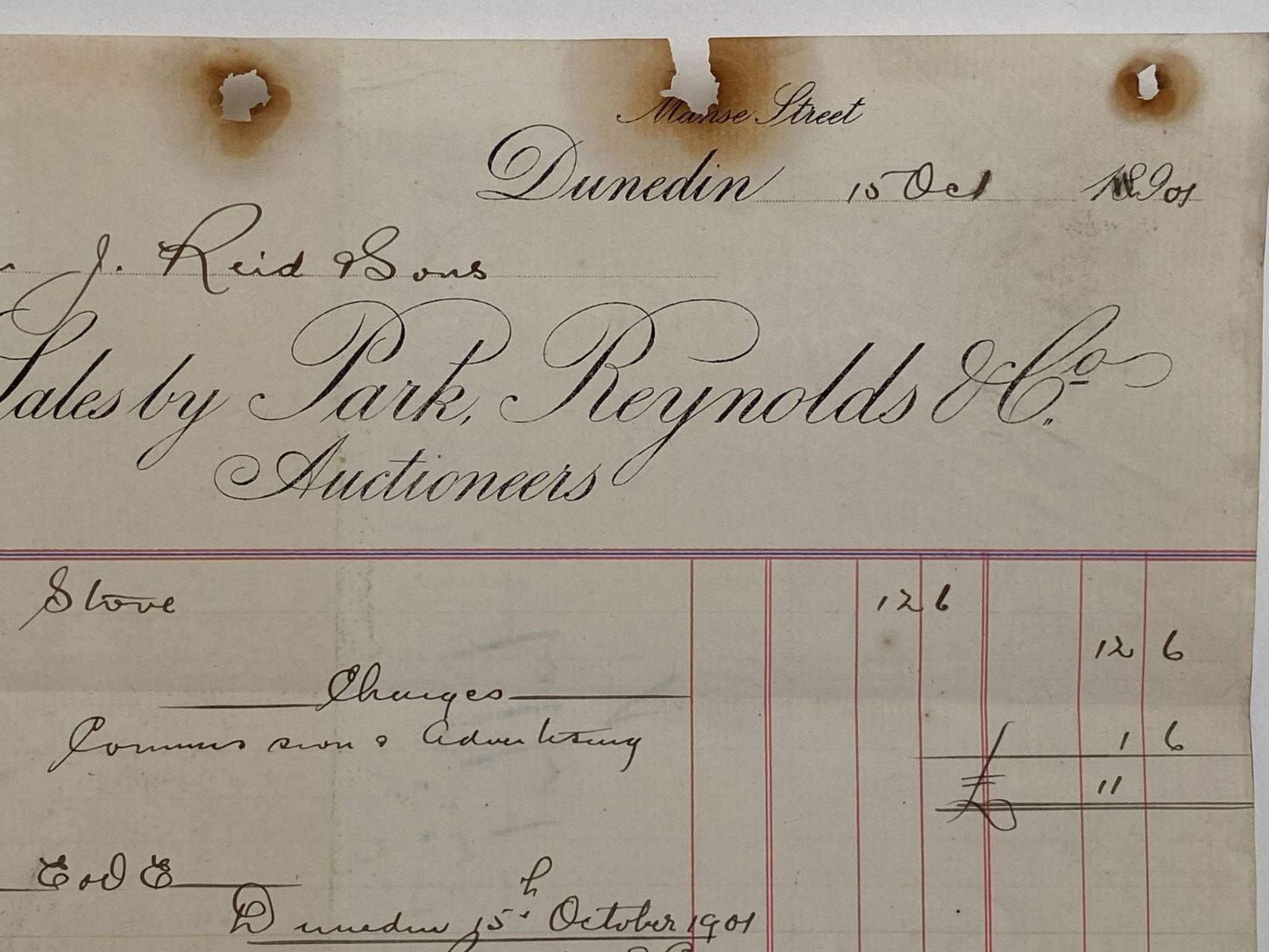 ANTIQUE INVOICE / RECEIPT: Park, Reynolds & Co. Auctioneers 1890