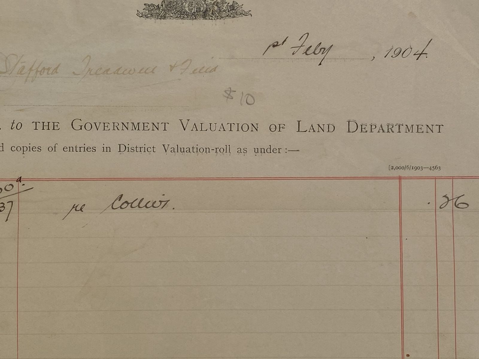 ANTIQUE INVOICE / RECEIPT: Government Valuation of Land Department 1904