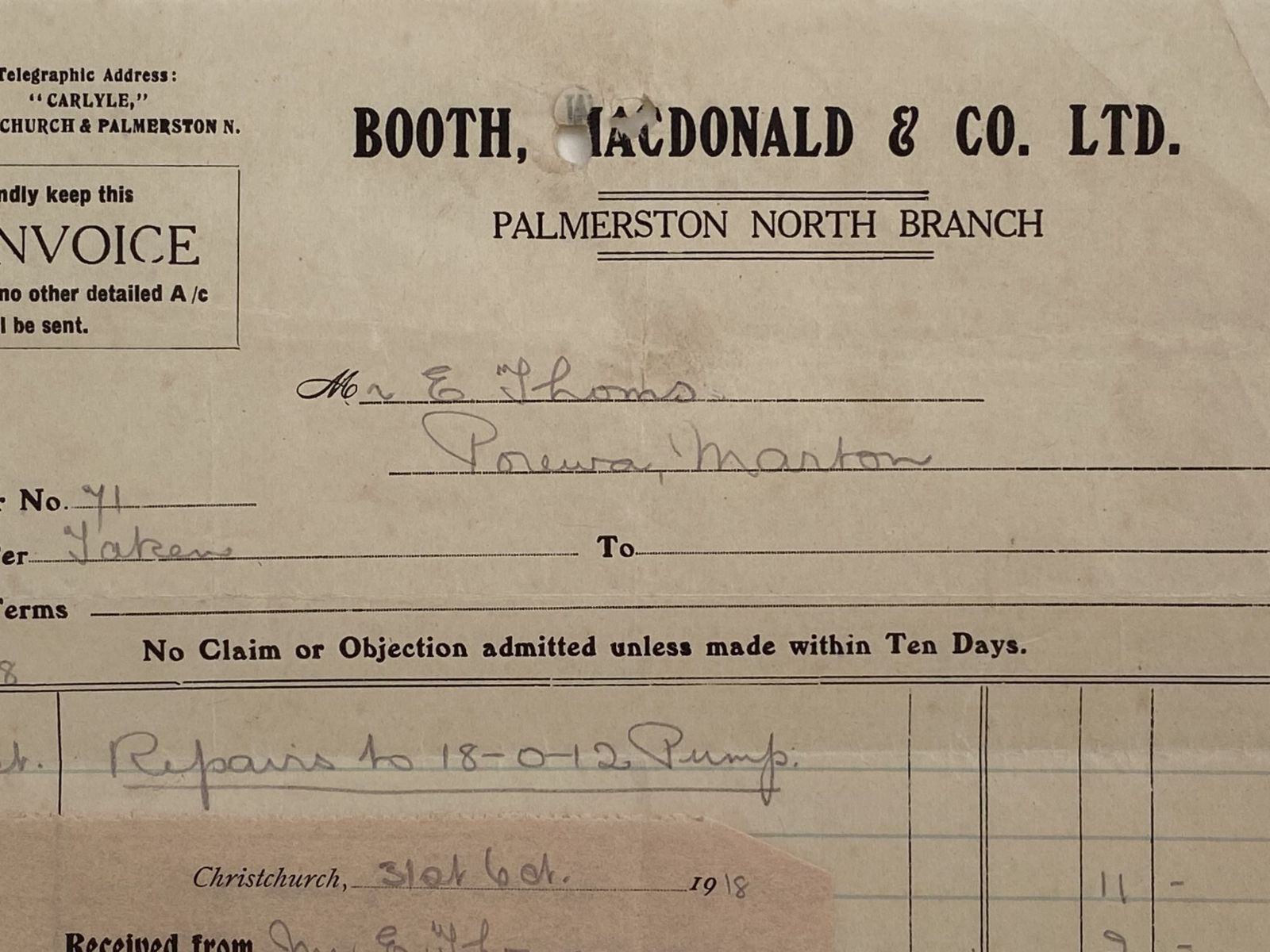 ANTIQUE INVOICE / RECEIPT: Booth, Macdonald & Co. Ltd. 1918