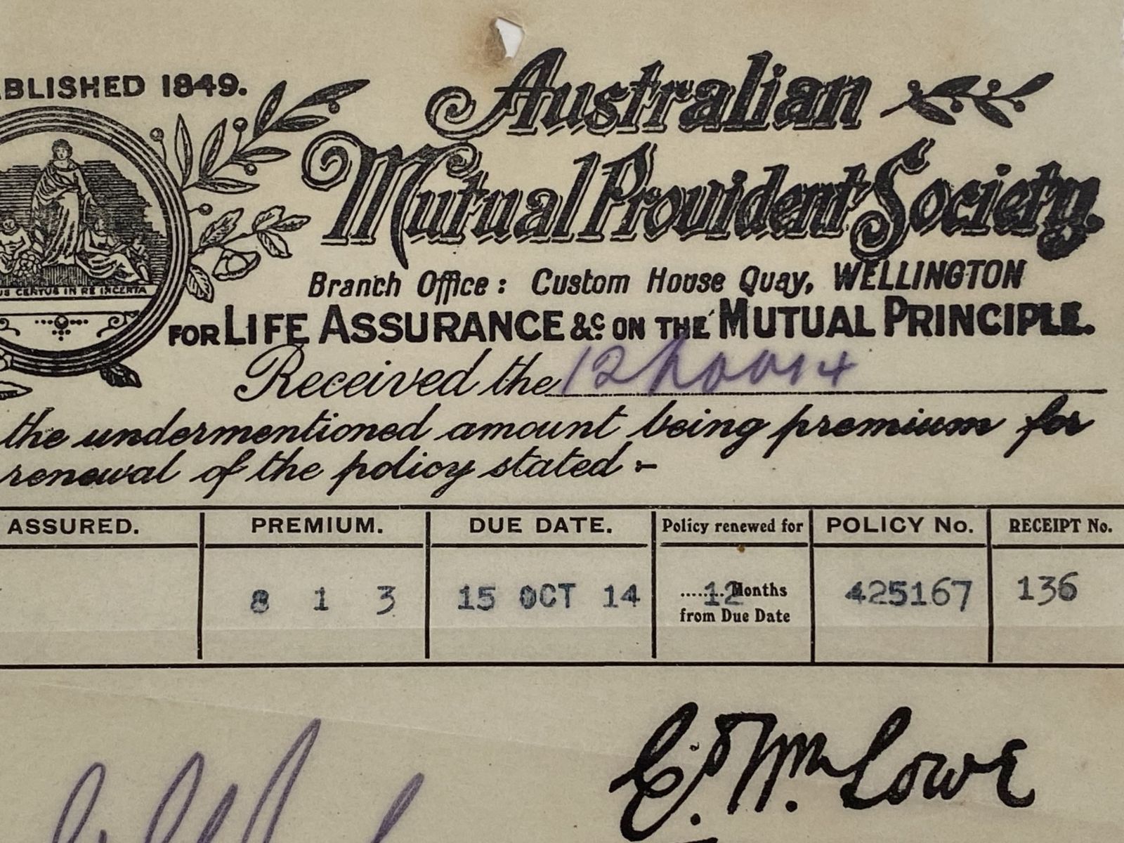 ANTIQUE INVOICE / RECEIPT: Australasian Mutual Provident Society 1914