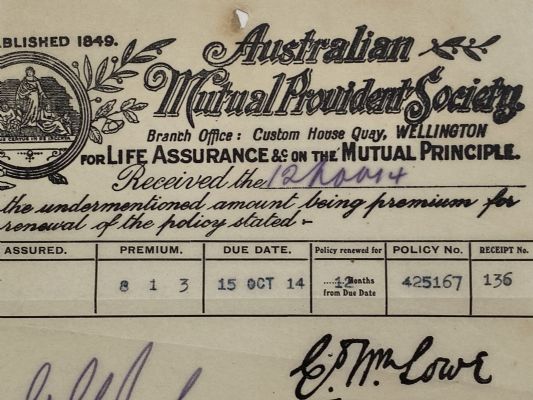 ANTIQUE INVOICE / RECEIPT: Australasian Mutual Provident Society 1914 