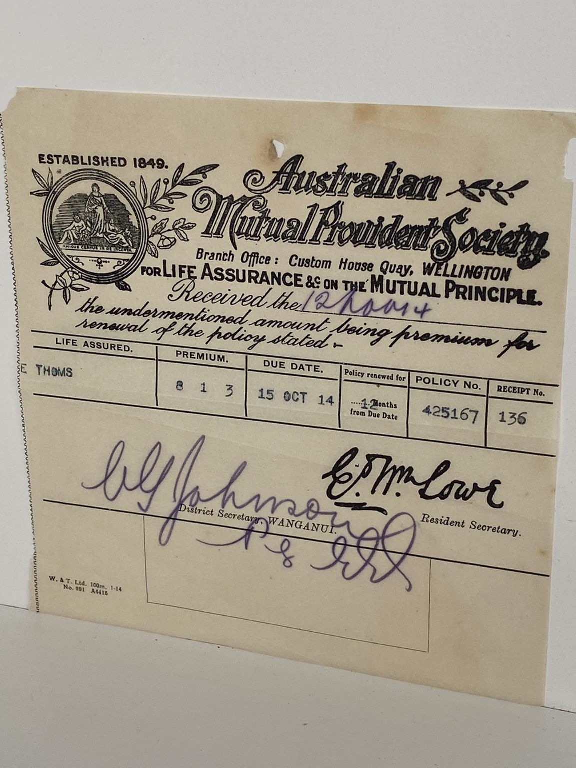 ANTIQUE INVOICE / RECEIPT: Australasian Mutual Provident Society 1914