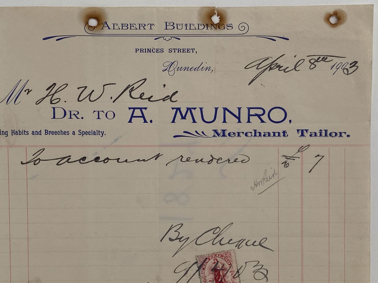 ANTIQUE INVOICE / RECEIPT: A . Munro, Dunedin 1903