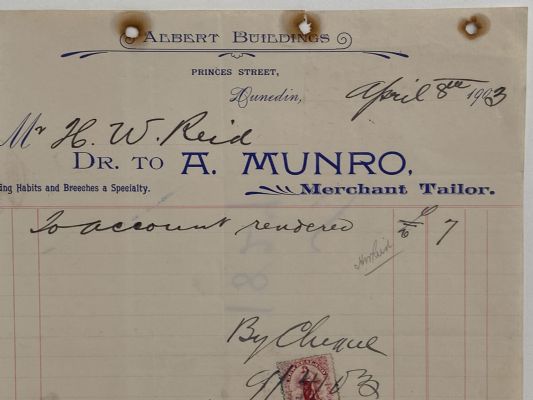ANTIQUE INVOICE / RECEIPT: A . Munro, Dunedin 1903 