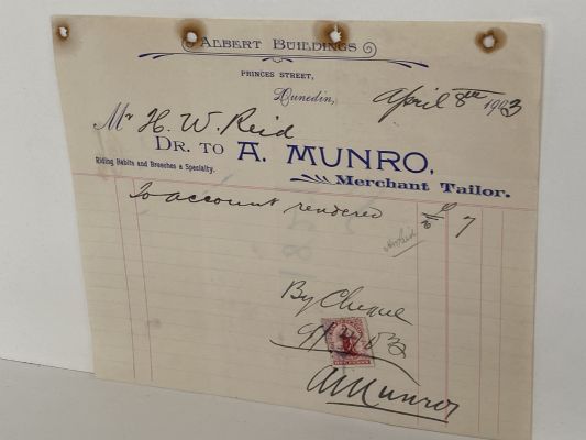 ANTIQUE INVOICE / RECEIPT: A . Munro, Dunedin 1903