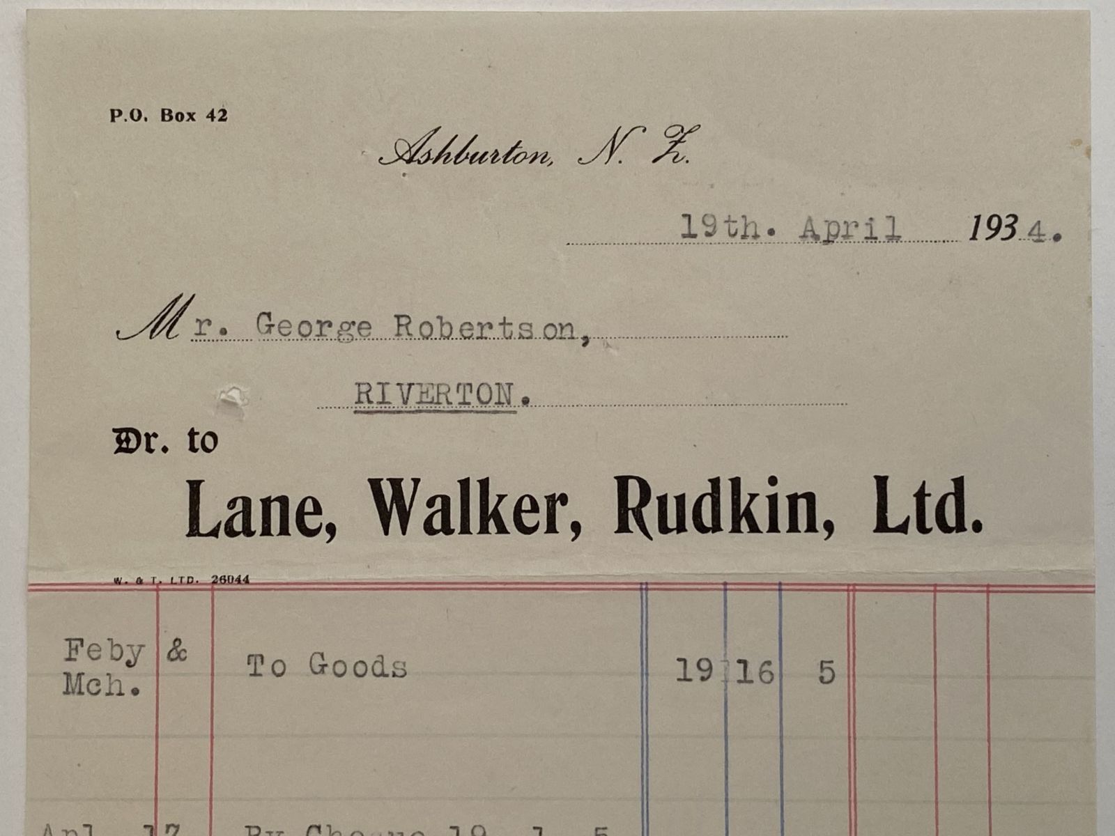 OLD INVOICE / RECEIPT: Lane, Walker, Rudkin Ltd, Ashburton 1934