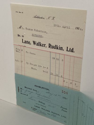 OLD INVOICE / RECEIPT: Lane, Walker, Rudkin Ltd, Ashburton 1934