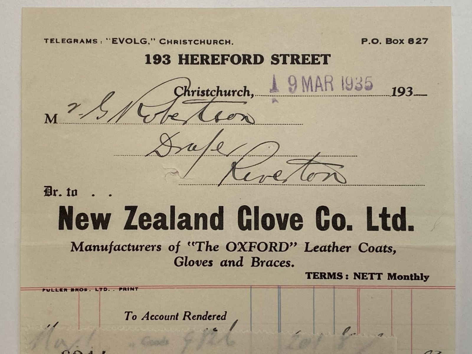 OLD INVOICE / RECEIPT: New Zealand Glove Co Ltd, Christchurch 1935