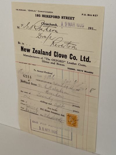 OLD INVOICE / RECEIPT: New Zealand Glove Co Ltd, Christchurch 1935